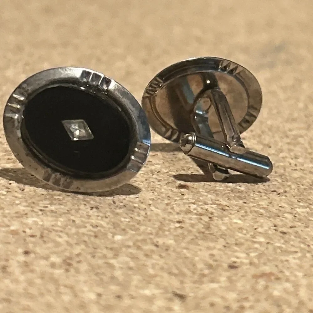 Vintage Onyx Black Cufflinks Silvertone